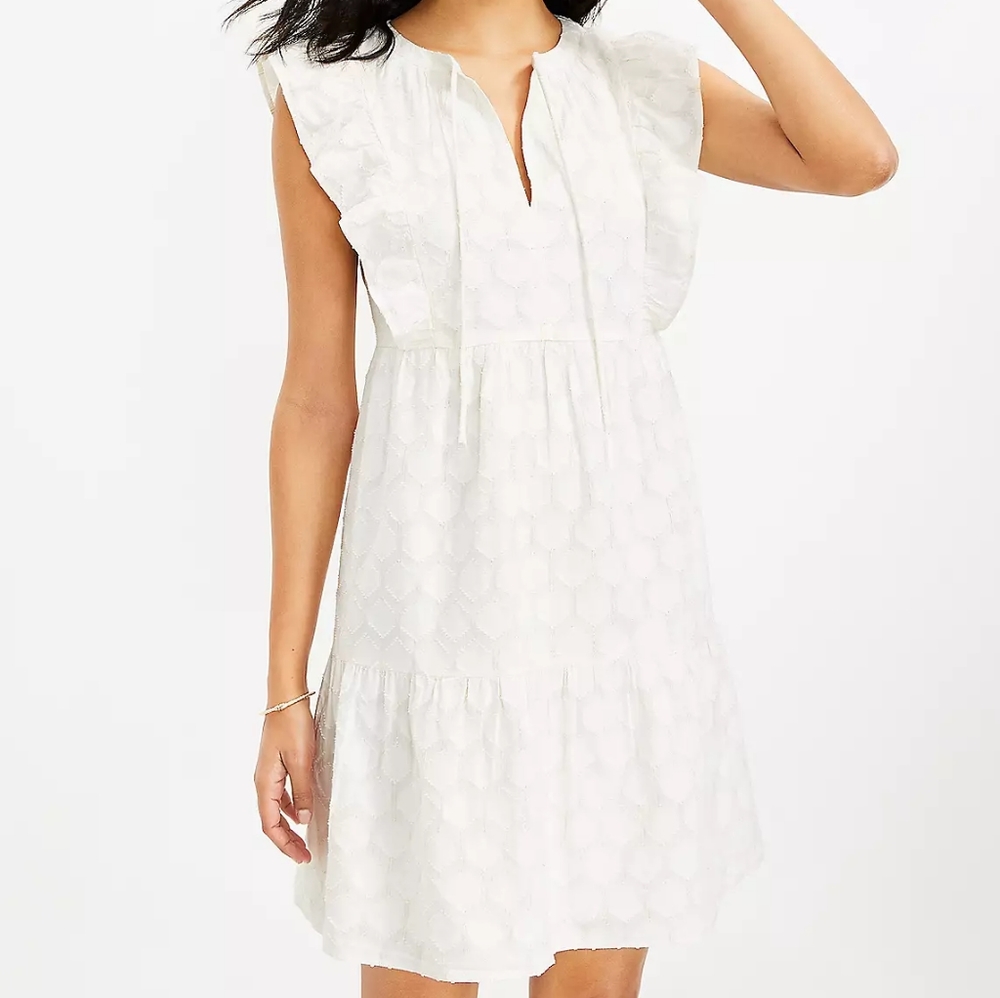 LOFT White Shimmer Ruffle Dress, Size Medium